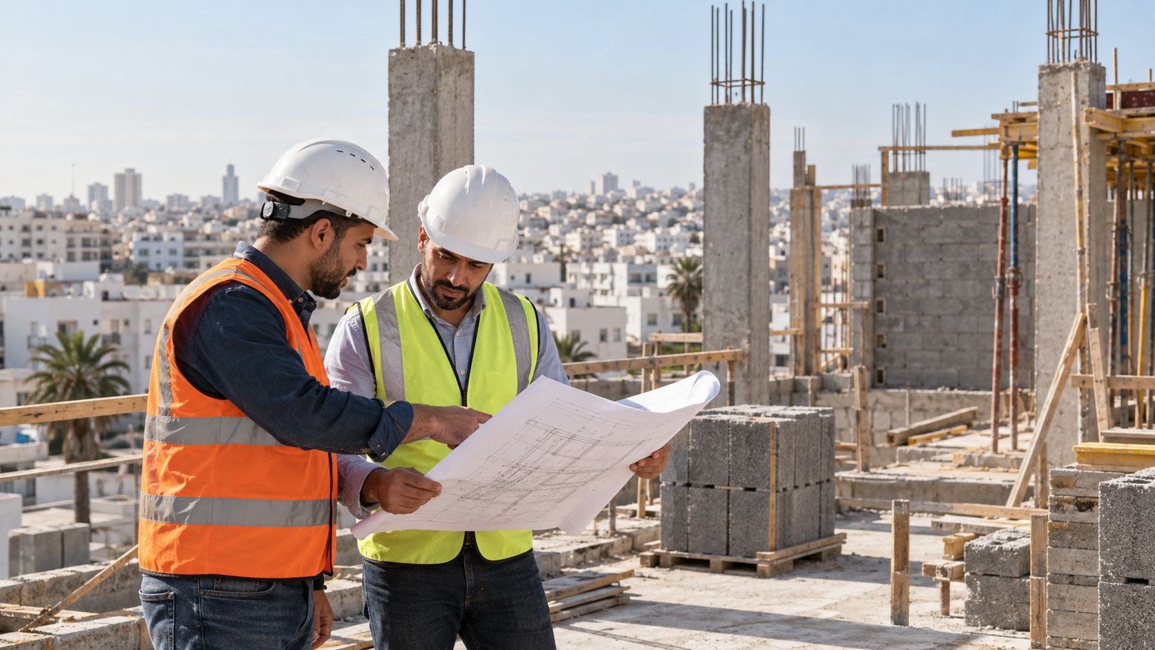 Échange sur plans au cœur d’un chantier